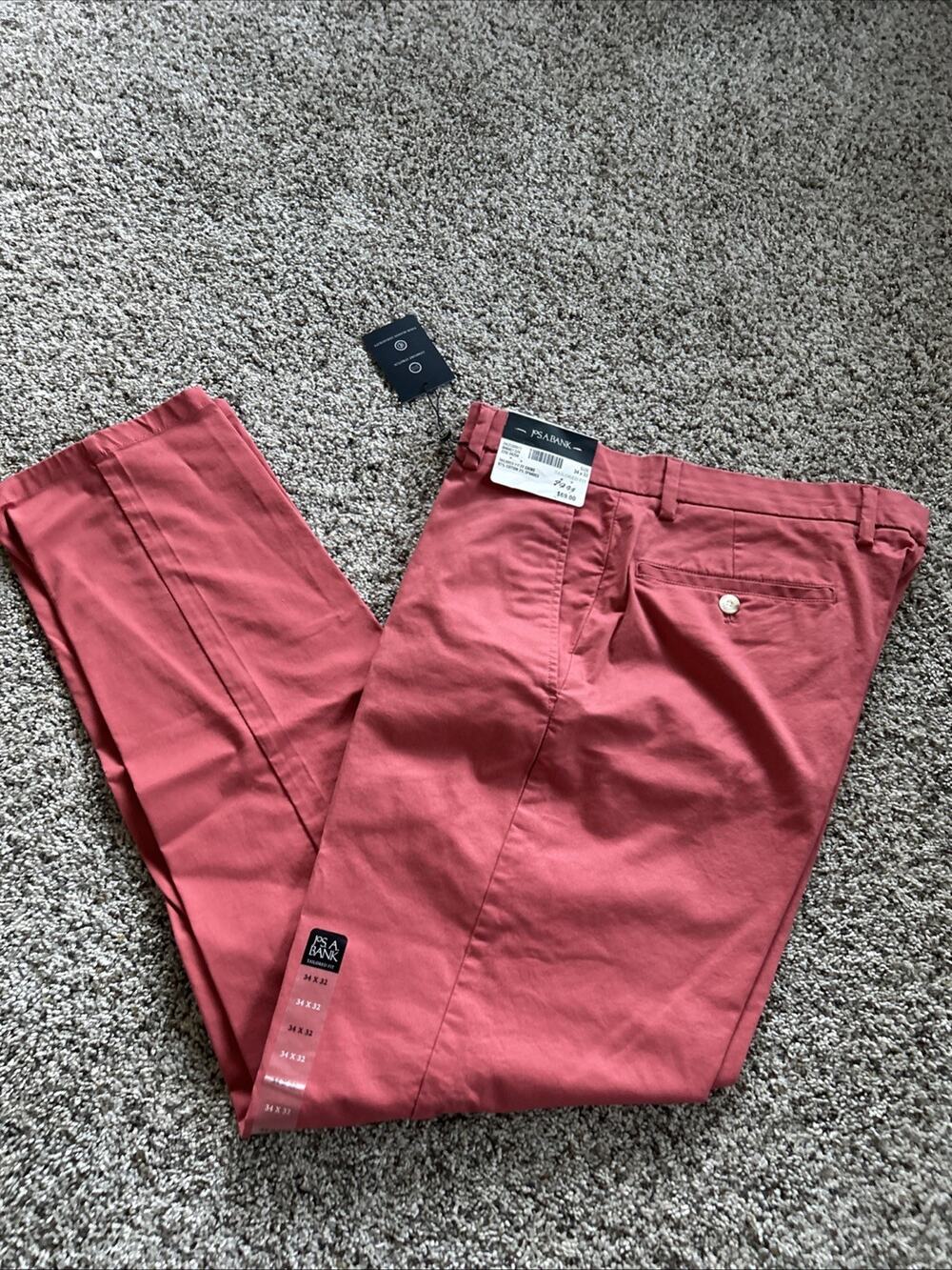NEW Jos A Bank Pants 34x32 Tailored Fit Chino Stretch Coral/Nantucket Red F26